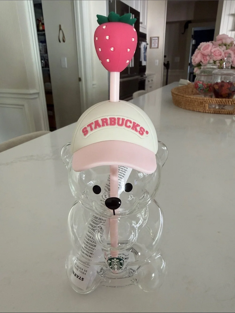 Starbucks Clear Bear Sipper with Pink Hat and Strawberry Top